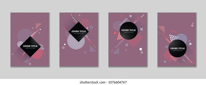 Creative memphis cover collection vector with white, and geometrical shapes on background. Variegated first page cover selection. Colorful memphis style background for advertisement purpose.