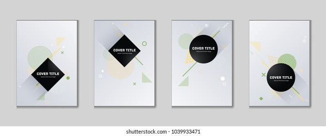 Creative memphis cover kit. Cool memphis template front page set with white, green and yellow shapes, isolated on light background. Memphis style cover vector set for marketing purpose.