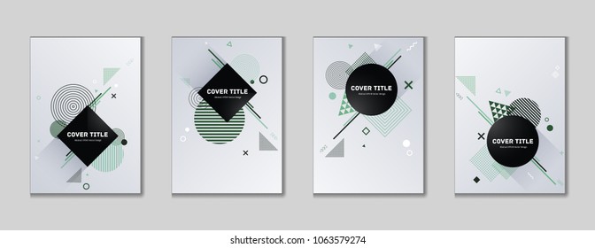 Creative memphis cover kit. Cool memphis texture front page set with white, green and black shapes, isolated on light background. Memphis style cover pattern set for business purpose.