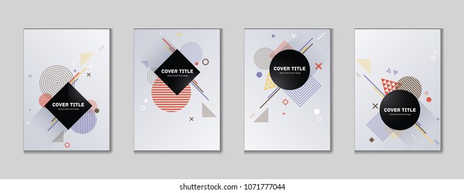 Creative memphis cover kit. Cool memphis template front page set with white, orange, purple and brown shapes, isolated on light background. Memphis style cover design selection for business purpose.