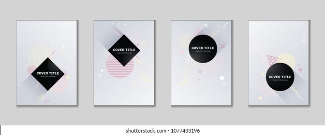 Creative memphis cover kit. Cool memphis texture front page set with white, pink and yellow shapes, isolated on light background. Memphis style cover pattern selection for corporate purpose.