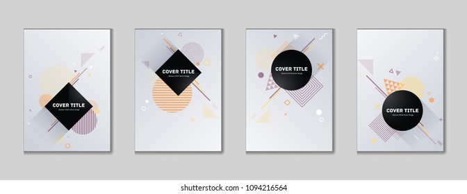 Creative memphis cover kit. Cool memphis template front page set with white, and shapes, isolated on light background. Memphis style cover graphic design selection for marketing purpose.