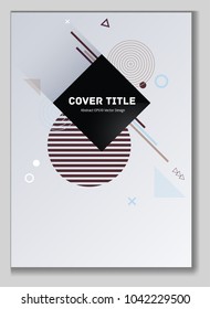 Creative memphis design placard pattern with white, dark brown and purple shapes. Cool memphis tile placard page. Front page vector for student notebook, dairy or notepad.