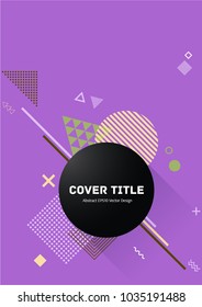 Creative memphis design placard vector with white, green, brown and beige shapes on bright violet background. Cool memphis tile placard page. Front page cover for college notebook, dairy or notepad.