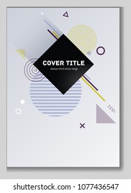 Creative memphis design placard vector with white, blue, violet and yellow shapes. Cool memphis template placard page. Front page design for business notebook, dairy or notepad.