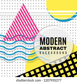 Creative Memphis Neo geometric shapes background. Stylized seascape. Red sailboat, beach, sun and water. Minimalistic theme of the first page. Colorful Memphis Neo style