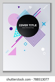 Creative memphis notepad cover background. Cool memphis tile front page with pink, violet, blue and white geometrical shapes. Memphis notepad cover design for business purpose.