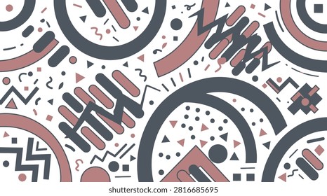 Creative memphis style background with dusky rose and dark charcoal geometric shapes zigzags and circles for art.