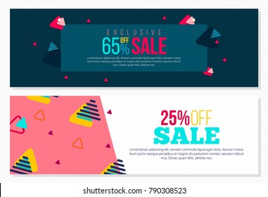 Creative Memphis Style Banner Design with Colorful Elements. 3D Flat Vector. 90's Fashion. Ideal for Social Media Sale, Advertisement, Poster, Cover