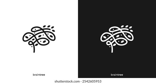 Logotipo de salud mental creativa. Cerebro Mente humana con Naturaleza de árbol de hojas con estilo de contorno lineal. Inspiración de diseño de Vector de símbolo de icono de logotipo de psicología de terapia.