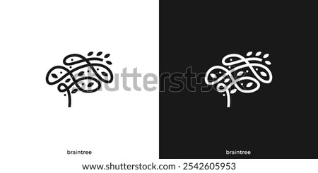 Creative Mental Health Logo. Brain Human Mind with Leaf Tree Nature with Linear Outline Style. Therapy Psychology Logo Icon Symbol Vector Design Inspiration.