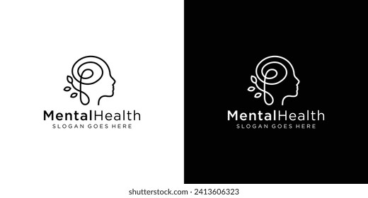 Creative Mental Health Logo. Head Human Mind with Leaf Tree Nature with Linear Outline Style. Therapy Psychology Logo Icon Symbol Vector Design Template.