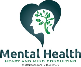 Creative Mental Health Logo. Head Human Mind with Leaf Tree Nature with Linear Outline Style vector logo