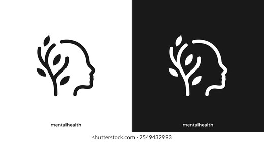 Logotipo da Creative Mental Health. Mente humana cabeça com folha de árvore natureza com estilo de contorno linear. Terapia Psicologia Ícone Símbolo Vetor Modelo de Design.