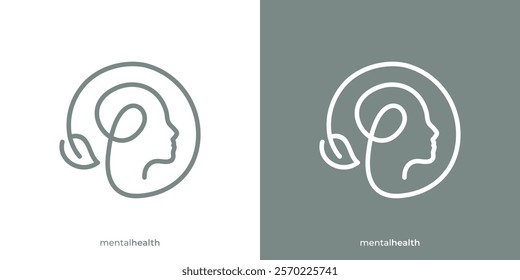 Creative Mental Health Logo. Head Human Mind with Leaf Tree Nature with Linear Outline Style. Therapy Psychology Logo Design Template.