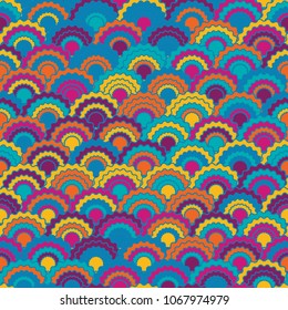 Creative mermaid scales squama background, vector seamless fabric pattern, tiled textile print. Classic chinese squama scales seamless arc tiles ornament. Reptile animal skin pattern.