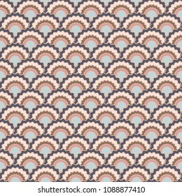 Creative mermaid scales squama background, vector seamless fabric pattern, tiled textile print. Vintage japanese squama scales seamless arc tiles design. Fish skin pattern.