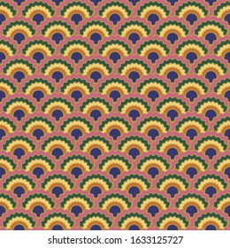 Creative mermaid scales squama background, vector seamless fabric pattern, tiled textile print. Vintage chinese squama scales seamless arc tiles mosaic. Iguana skin pattern.