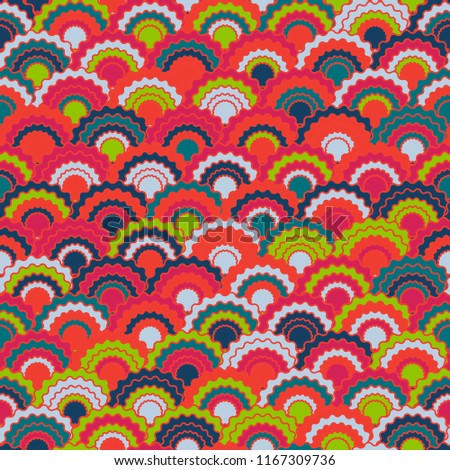 Creative mermaid scales squama background, vector seamless fabric pattern, tiled textile print. Typical japanese squama scales seamless arc tiles design. Snake skin pattern.