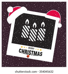 Creative Merry christmas candles. Picture frame with Santa Hat on top and Merry Christmas typography on glowing Snowflakes Vector background