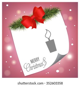 Creative Merry Christmas candles. Christmas tree fir with page curl background on glowing star Pink backgrounds