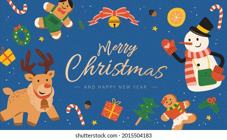 Plantilla de tarjeta Creative Merry Christmas. Diseño de diseño con pan de jengibre, reno, muñeco de nieve, árbol de Navidad.