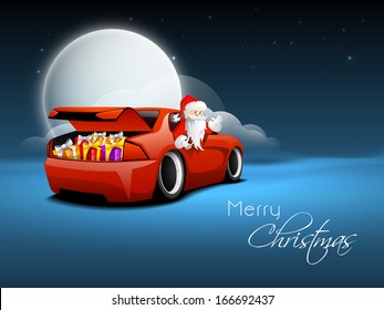 Creative Merry Christmas concept with happy Santa Claus carrying gifts in his car on blue night background. 