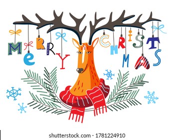 Creative Merry Christmas funny greeting banner. Cartoon cute reindeer with funny letters ornaments with bows hanging on horns. Fir branches and snowflakes decoration. Vector flat illustration