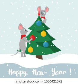 Creative Merry Christmas and Happy New Year 2020 greeting card. Mice decorate the Christmas tree with festive balls. Used as a greeting card, flyer, poster, calendar. Landing page