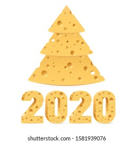 Creative Merry Christmas and Happy New Year 2020 Greeting Card. Year of the Mouse Symbol Christmas Tree Made from Cheese. Used as a Greeting Card, Flyer or Poster on White Background