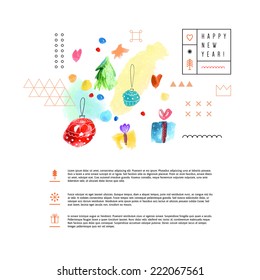 Creative Merry Christmas and Happy New Year watercolor card. Vector. Isolated.