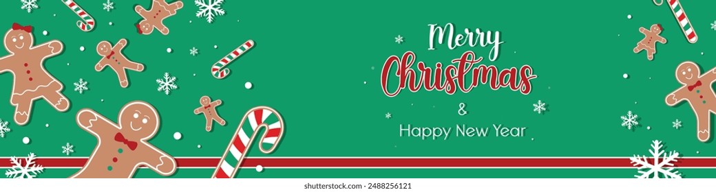 Creative Merry Christmas and Happy New year greeting card or banner vector design  Gingerbread, candy canes and snowflakes texture. Decorative background template for card or banner designs. 