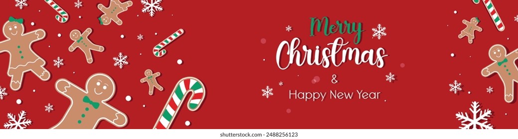 Creative Merry Christmas and Happy New year greeting card or banner vector design  Gingerbread, candy canes and snowflakes texture. Decorative background template for card or banner designs. 