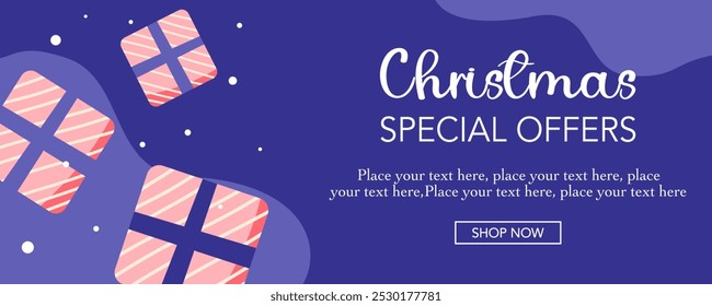 Creative Merry Christmas and Happy New Year flat template with gift, snow illustration and purple background for seasonal sale banner, greeting card, poster, cover, web, social media post, flyer