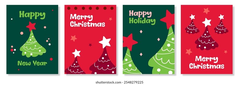 Creative Merry Christmas and Happy New Year greeting card set. Trendy Xmas design with trees, stars, typography, green and red background. Minimal geometric art poster, cover, template, social media