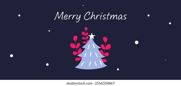Creative Merry christmas and happy new year simple greeting with tree, leaves and snow element on dark horizontal background for sale, advertisement, promotion, card, gift, poster, flyer and banner.