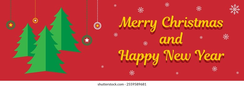 Creative Merry Christmas and Happy New Year banner design with tree on a red background. 