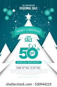 Creative Merry Christmas Offer Template with Christmas Tree, Hanging Balls & 50% Discount Tag