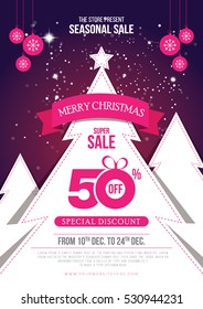 Creative Merry Christmas Offer Template with Christmas Tree, Hanging Balls & 50% Discount Tag