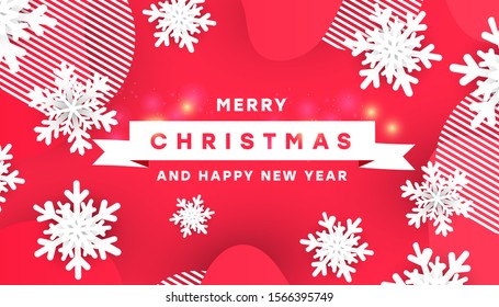 Creative Merry Christmas vector illustration design card template. Holiday greeting gift poster with airy white snowflakes, liquid fluid waves on red background