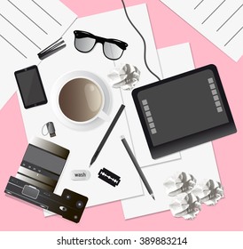 Creative mess on the table, top view cup desk