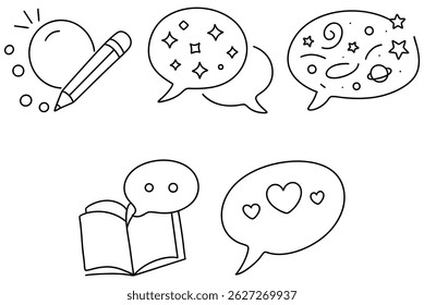A Creative message chat icons featuring pencil, sparkling thoughts, and book, perfect for expressing ideas
