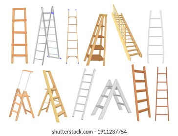 Creative metal and wooden ladders flat set for web design. Cartoon different types of stepladders for painters and builders isolated vector illustration collection. Construction and building concept