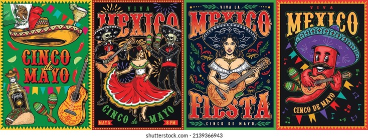 Creative Mexican colorful posters design collection with sombrero hat, painted guitar, tequila bottle, taco, woman in dress dancing to music of mariachi band, chili pepper playing guitar, vector