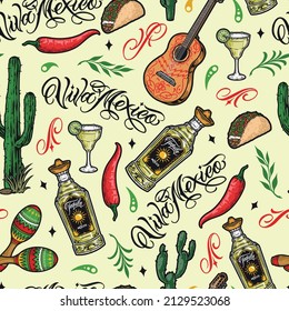 Patrón creativo mexicano colorido inmaculado con guitarra pintada, botella de tequila cerrada, pimienta chile, maracas, taco, vidrio e inscripciones margarita, ilustración vectorial