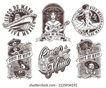 Creative Mexican holiday vintage emblems set with sombrero, maracas, painted guitar, woman in sombrero playing muscial instrument, mariachi skeletons, dancing girl in black and white colors, vector