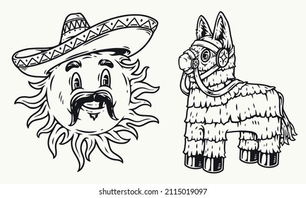 Creative Mexican monochrome vintage set of pinata horse from papier-mache and mustachioed sun in sombrero, vector illustration