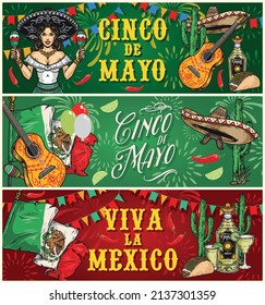 Creative Mexico horizontal banners set with inscriptions, girl in sombrero shaking maracas, painted guitar, cactus, national flag with ornament, tequila and taco, vector illustration