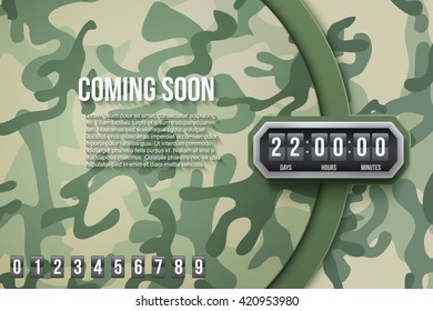 Creative Military Camouflage Background Coming Soon and countdown timer with digit samples. Vector Illustration.