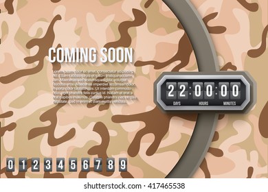 Creative Military Desert Camouflage Background Coming Soon and countdown timer with digit samples. Vector Illustration.